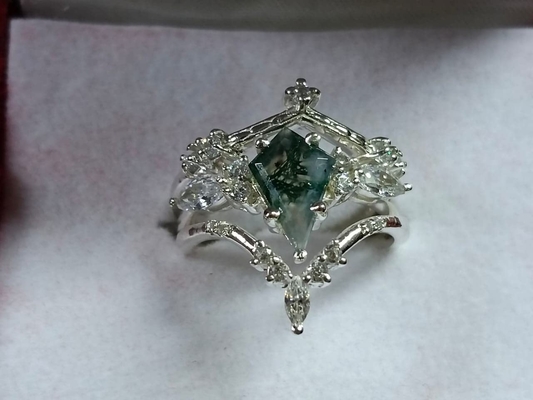 Drachen-Form-Stein natürlicher Moss Agate Engagement Ring Vintage Art Deco Gift Love