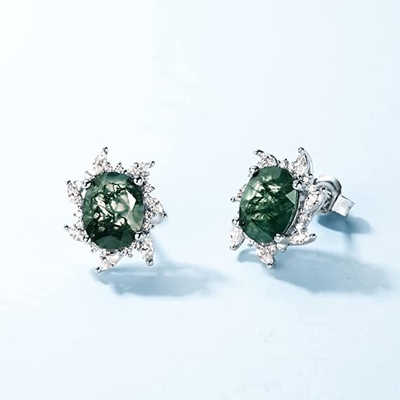 Ohrringe für Frauen, natürliche Frauen-grüner Edelstein-Verpflichtungs-Hochzeits-Schmuck Moss Agates 925 Sterling Silver Stud Earrings For
