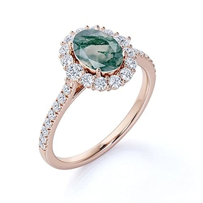 Ovale Moss Agate Moissanite Diamonds Floral-Halo-Verpflichtung Ring Green Gemstone