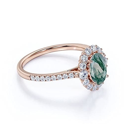 Ovale Moss Agate Moissanite Diamonds Floral-Halo-Verpflichtung Ring Green Gemstone