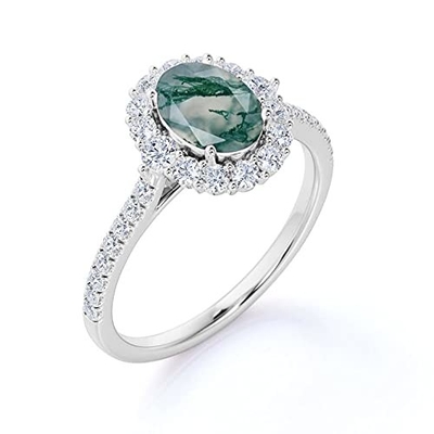 Ovale Moss Agate Moissanite Diamonds Floral-Halo-Verpflichtung Ring Green Gemstone