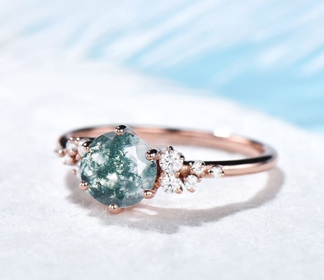 Weinlese-Grün-Edelstein-Schneewehen-Gruppen-Hochzeit Ring Natural Moss Agate
