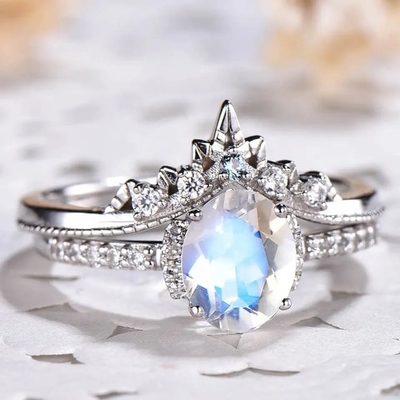 Weißgold ovales Moonstone Art Deco Unique Engagement Ring stellte 925 Sterling Silver ein