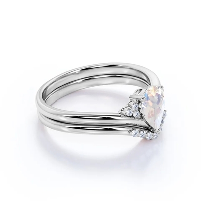 Natürliche Birne des Golds925 formen CZ-Regenbogen Moonstone Ring Boho Wedding Set