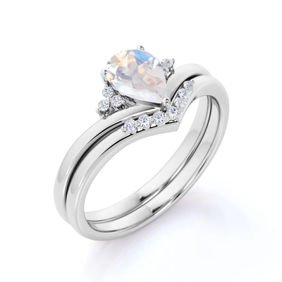 Natürliche Birne des Golds925 formen CZ-Regenbogen Moonstone Ring Boho Wedding Set