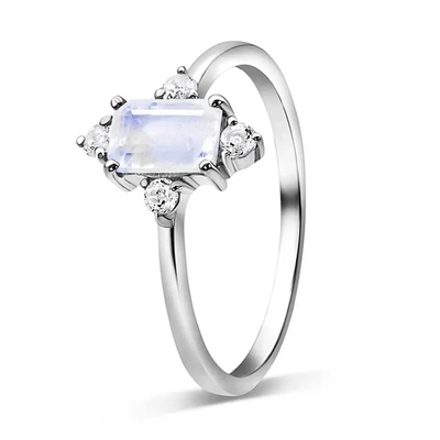 Weißgold überzogene Emerald Cut Blue Moonstone Engagement-Ringe Sterling Silver