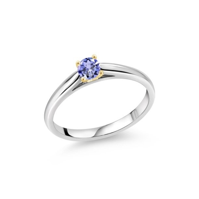 Gem Stone King 0,18 Ct blaues Tanzanite 925 Sterling Silver Ring mit Zinken des gelbes Gold10k schellen