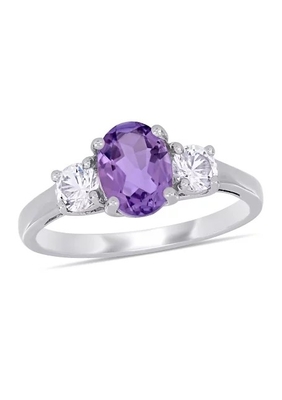 Ovaler geschnittener Amethyst und geschaffener weißer Ring des Saphir-3-Stone in Sterling Silver