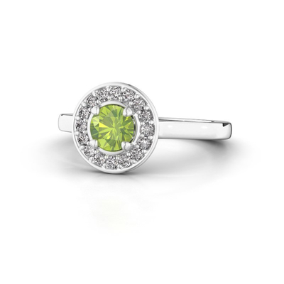 Halo-Platin-Halo-Ring mit einem großen Peridot umfasst durch kleinere sortierte Edelsteine