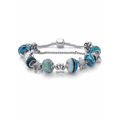 Rundes blaues Kristall„Seeleben“ Schildkröten-und Starfish-Charme-Armband Silvertone 8&quot; Länge
