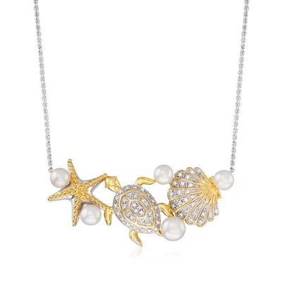 4-5.5mm kultivierte Perle und .14 ct. t.w. Diamond Sea Life Necklace in Sterling Silver und im Gold 18kt über Sterling Details