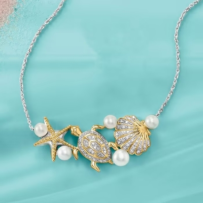 4-5.5mm kultivierte Perle und .14 ct. t.w. Diamond Sea Life Necklace in Sterling Silver und im Gold 18kt über Sterling Details