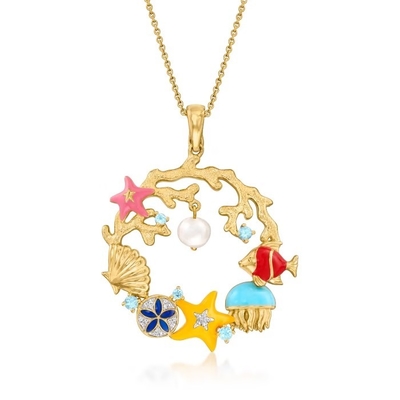 4-5.5mm kultivierte Perle und .14 ct. t.w. Diamond Sea Life Necklace in Sterling Silver und im Gold 18kt über Sterling Details