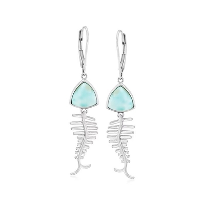 Larimar-Fischgräte-Tropfen-einzigartige Edelstein-Ohrringe in Sterling Silver