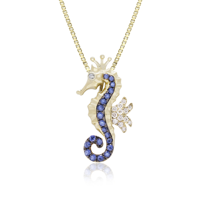 Gelbes Gold blaue Sapphire Seahorse Pendant Necklace, Ozean-Art-Seeleben-Schmuck