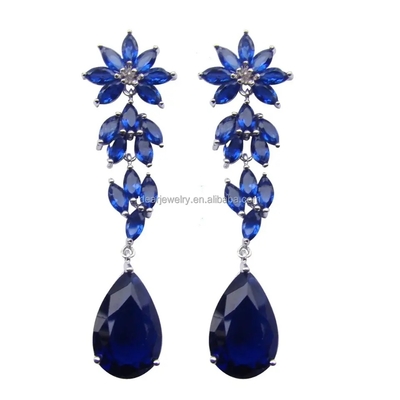 Hochzeits-Schmuck, langer Ohrring blauer Silber Rhodium des Tanzanite-Farbstein-925 überzogen