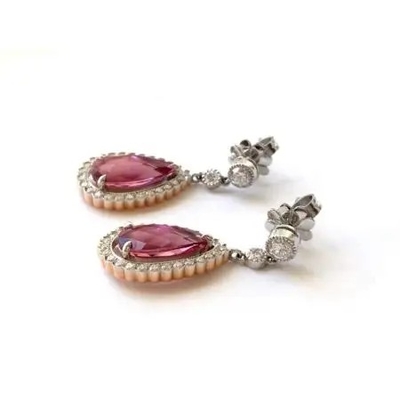 Überzog gelbes Gold S925 natürlichen birnenförmigen rosa Tourmaline-Ohrring-Halo CZ