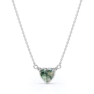 925 silbernes einfaches natürliches Licht glänzendes elegantes grünes Herz geformter Moss Agate Necklace For Sale