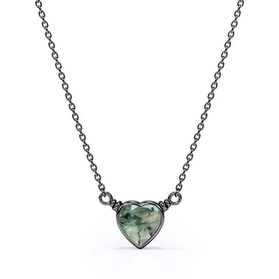 925 silbernes einfaches natürliches Licht glänzendes elegantes grünes Herz geformter Moss Agate Necklace For Sale