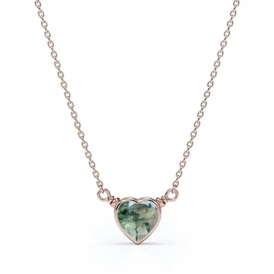 925 silbernes einfaches natürliches Licht glänzendes elegantes grünes Herz geformter Moss Agate Necklace For Sale