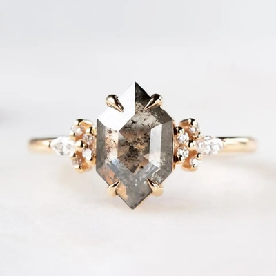 Schnitt silbernes Hexagon 925 Salz-und Pfeffer-Diamond Moissanite Ring Curved Matching-Frauen Ring Sets