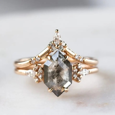 Schnitt silbernes Hexagon 925 Salz-und Pfeffer-Diamond Moissanite Ring Curved Matching-Frauen Ring Sets