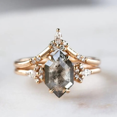 Schnitt silbernes Hexagon 925 Salz-und Pfeffer-Diamond Moissanite Ring Curved Matching-Frauen Ring Sets