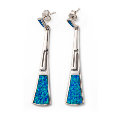 925 mit Windungs-Schlüssel-Ohrringen 925 Sterling Silver Blue Retro Opals griechischen mit Sterling Silver