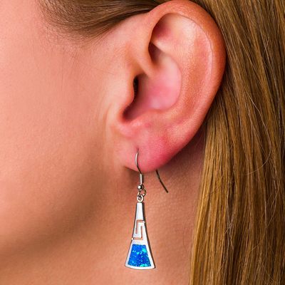 925 mit Windungs-Schlüssel-Ohrringen 925 Sterling Silver Blue Retro Opals griechischen mit Sterling Silver