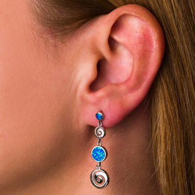 925 mit Sterling Silver Greek blauer SchlüsselOpal Dangle Meander Meandros Earrings für Frauen