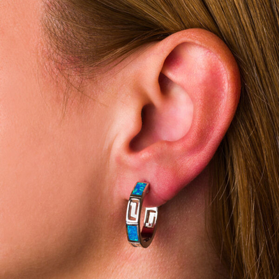 925 mit Sterling Silver Greek blauer SchlüsselOpal Dangle Meander Meandros Earrings für Frauen