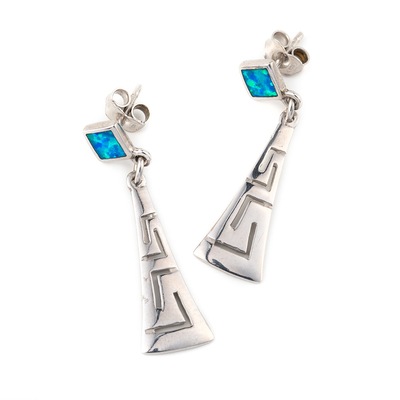Mit Sterling Blue Opal Dangle Earrings mit griechischen einzigartigen Weinleseentwurf Schlüsselohrringen für Frauen
