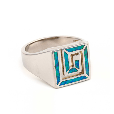 Retro- Gitterwerk oder griechisches Schlüsselentwurfs-Quadrat Opal Ring For Women