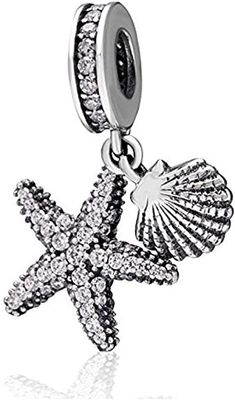 Tropische Starfish u. Meer Shell Hanging Charm - 925 Sterling Silver Beads - europäisches Art-Perlen-Charme-Armband