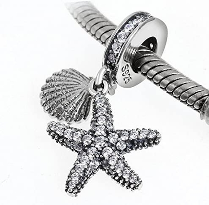 Tropische Starfish u. Meer Shell Hanging Charm - 925 Sterling Silver Beads - europäisches Art-Perlen-Charme-Armband