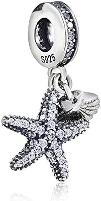 Tropische Starfish u. Meer Shell Hanging Charm - 925 Sterling Silver Beads - europäisches Art-Perlen-Charme-Armband