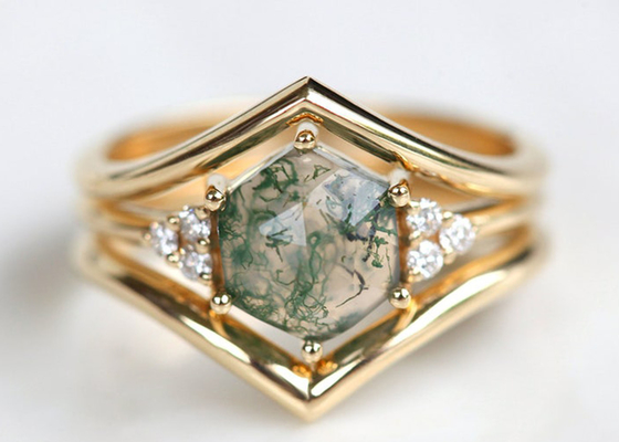 Hexagon-Schnittgrün-Moss Agate Engagement Rings 14k Größe Golddes material-6.5mm