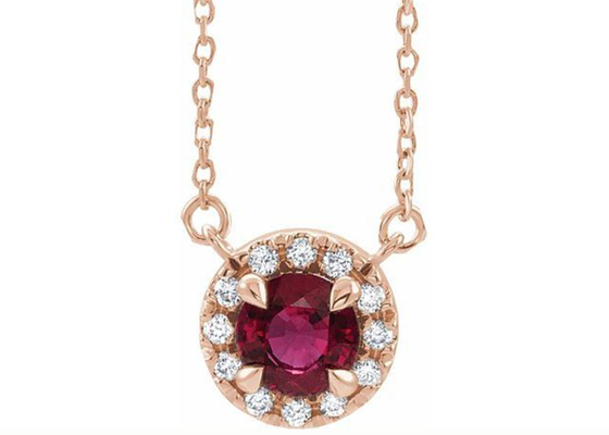 14K Gold natürlicher Ruby Pendant Necklace Round Cut mit Halo-Steinen 0.6ct 5mm